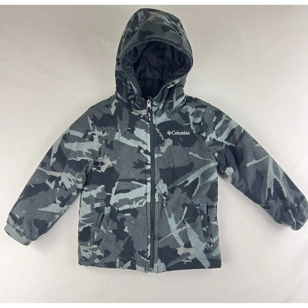 GUC Columbia Kids Reversible Puffer Hooded Fleece Jacket Boy Camo Black Size XXS